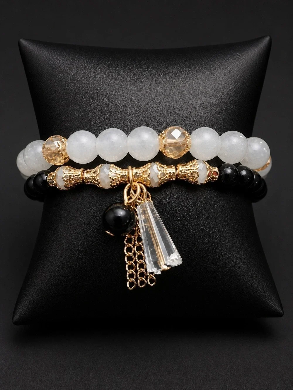 Beaded Bracelet Set Gold Accent Black And White